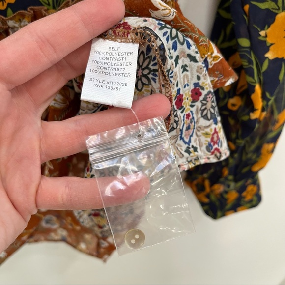 Oddy navy brown floral print block blouse top mixed media tassels boho medium - Picture 8 of 10